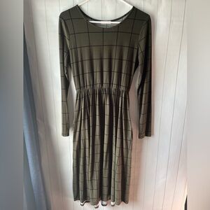 Reborn Olive Windowpane Plaid Long Sleeve Tshirt Dress
